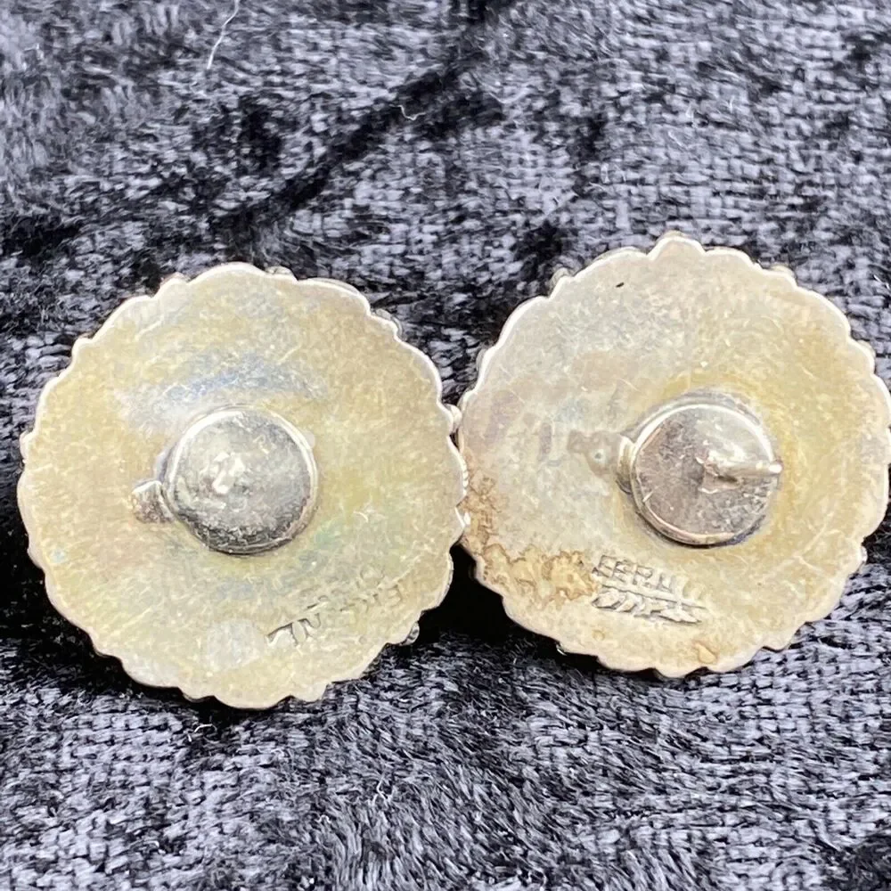 Vintage Native Sterling Silver Turquoise Petit Point‎ Round Dome Post Earrings